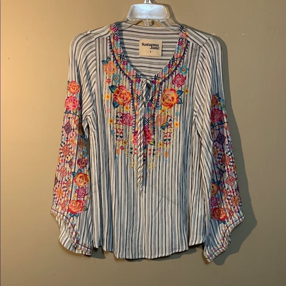 Savanna Jane Women's Striped Embroidered Pullover Long Sleeve Blouse SZ Small